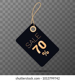 70% black discount tag. Black tag with gold text. Vector discount label for design banners and flyers.