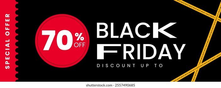 70% Black Friday background. Crossed ribbons and stripes with text on black background. Black Friday promotional banner with space for text. Vector