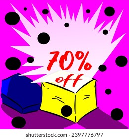 70% box releasing discount for sale, illustration, yellow, blue, purple, white, red and black