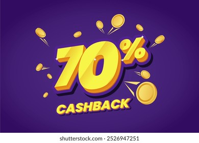 Banner promocional de cashback de 70% apresentando texto amarelo arrojado com efeitos brilhantes, rodeado por moedas de ouro flutuante em um fundo roxo vibrante. Perfeito para campanhas de vendas.