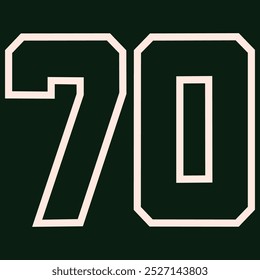 70 Classic Vintage Sport Jersey  Uniform numbers in black with a black outside contour line number on white background for American football, Baseball and Basketball or soccer for shirt