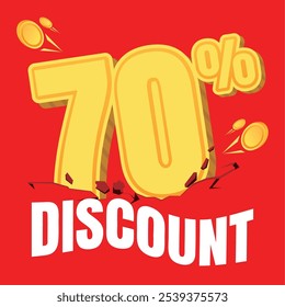 70% discount badge in gold coin style, set against a bold red background with crack and shake effects, creating an eye-catching, energetic look for promotions.