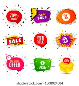 Descuento del 70%. Banner badge, flash sale bubble. Señal de precio de oferta de venta. Símbolo de oferta especial. Oferta de último minuto. Banda adhesiva, burbuja cómica. Cuadro Descuentos. Vector