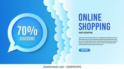 Descuento del 70%. Plantilla de banner de nubes. Señal de precio de oferta de venta. Símbolo de oferta especial. Burbuja del discurso con oferta especial. Pancarta de compras en línea con nubes. Promoción de descuento. Vector