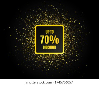 Hasta un 70% de descuento. Patrón de brillo dorado. Señal de precio de oferta de venta. Símbolo de oferta especial. Ahorra 70 por ciento. Banner negro con chispas doradas. Texto de promoción de etiqueta de descuento. Vector