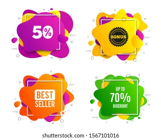 Up to 70% Discount. Liquid shape, various colors. Sale offer price sign. Special offer symbol. Save 70 percentages. Geometric vector banner, square frames. Discount tag text. Vector