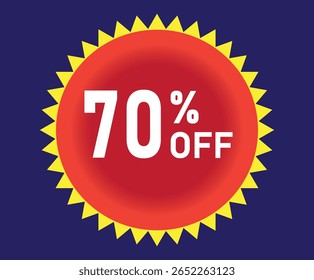 70% discount. Discount on your sales. Percentage in white inside a red circle with yellow graphic elements around it. Blue background.