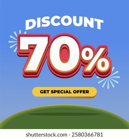 70% Discount Promotional Banner with 3D Text, Fireworks, Blue Gradient Background, and a Special Offer Button on a Green Hill with Eye catching Sale Advertisement Design