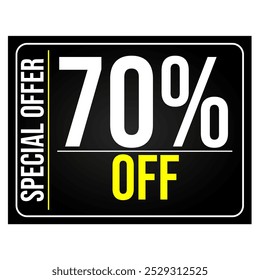 70% discount tag. Black, white and yellow rectangular shape, perfect for retail sales, commerce and 
marketing promotions