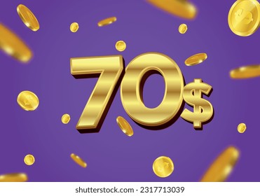 70 Dollar gift or offer poster with flying gold coins. Seventy Dollar coupon voucher, cash back banner special offer, casino winner. Vector illustration.