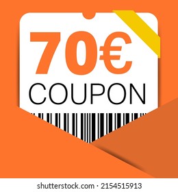 70 Euro Coupon promotion sale for a website, internet ads, social media gift 70 off discount voucher. Big sale and super sale coupon discount. Price Tag Mega Coupon discount with vector illustration.