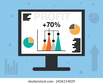 70% financial profit, technological screen with graphics, commercial and capital gain. Design investment on computer screen