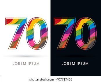70 Font , colorful wave, designed using colorful grunge brush graphic vector