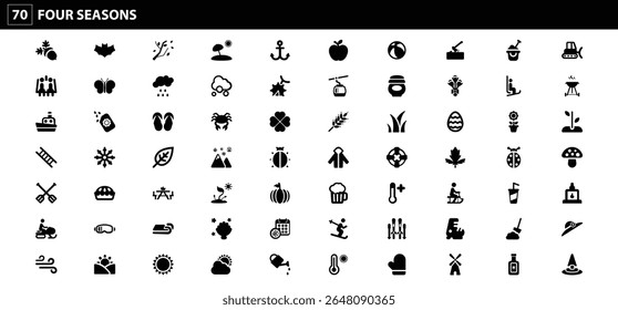 70 Four Seasons Icons: Illustrating Winter, Spring, Summer, Autumn Activities and Weather Elements