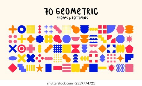 70 geometric shapes and patterns. Retro futuristic design elements. Collection of geometric graphic symbols and objects. Templates for notes, posters, banners, stickers, business cards, logo