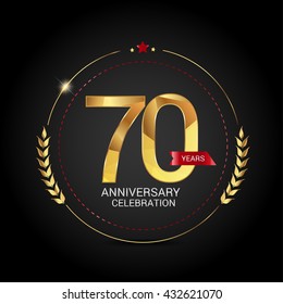 70 golden anniversary logo with red ribbon, low poly design number