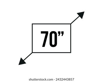 70 inches. Vector screen measurement and resolution in inches. Size in inch isolated on white background
