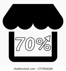 70% increase in store sales. Store building and percentage increase on a white background. Sales growth in the supermarket. Vector icon