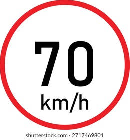 Sinal de trânsito de limite de velocidade de 70 km/h com círculo vermelho sobre fundo branco - Símbolo de regulamentação da velocidade de estrada, sinalização de restrição de velocidade máxima, aviso de regra de segurança e transporte de condução, ícone de controle de velocidade urbana e de estrada para gerenciamento de tráfego e conscientização de segurança rodoviária.