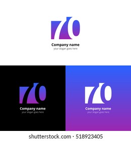 70 logo icon flat and vector design template. Monogram years numbers seven and zero. Logotype seventy with purple-pink gradient color. Creative vision concept logo, elements, sign, symbol.