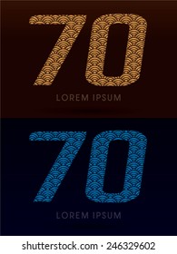 70 ,Luxury font ,designed using gold and blue bold  line, concept shape from water, river, sea, ocean, fish scale, logo, symbol, icon, graphic, vector.