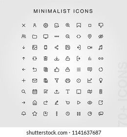 70+ Minimal UI icon set.  (black version). Modern simple minimal, flat, solid, mono, monochrome, plain, contemporary style. Vector illustration web internet design elements in eps