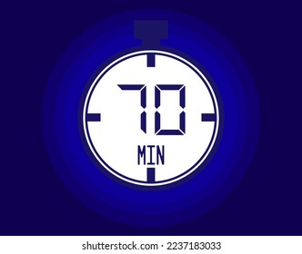 Icono vector de cronómetro de 70 minutos. Icono de Stopwatch en estilo reloj. Calendario para los horarios y las citas con fondo azul