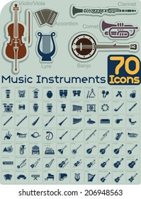 70 Music Instruments Icons Vector Set - Extensive music instruments icons collection organized by type. File type: vector EPS AI8 compatible. No transparencies and no gradient fills. 