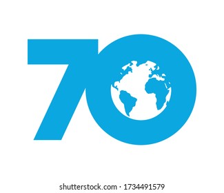 70 number with globe anniversary logo template isolated on white.