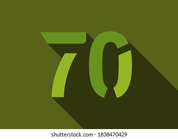 70 Número con sombra larga, color verde estilo de corte. Para logotipo, etiqueta de marca, elementos de diseño, identidad corporativa, aplicación y más. Ilustración modificable del vector.