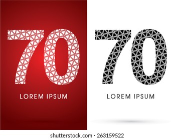 70 ,Number, Modern font, designed using white and black triangle geometric shape. on red and white background, ,logo, symbol, icon, graphic, vector.