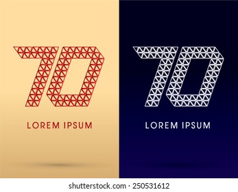 70 ,Number,Luxury font ,designed using red and silver triangle geometric shape on gold and dark blue background, concept shape from, jewelry, diamond ,gems ,logo, symbol, icon, graphic, vector.