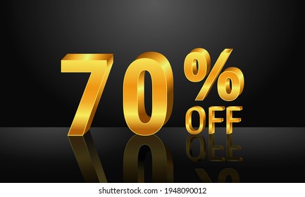 70% de oro en 3d sobre fondo negro oscuro, Oferta especial 70% de descuento, Ventas hasta 70%, grandes ofertas, perfecto para volantes, banners, anuncios, pegatinas, ofrecer iconos, etc.
