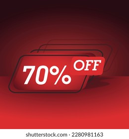 70% off. Banner with seventy percent off in square red balloon with red background and dark details