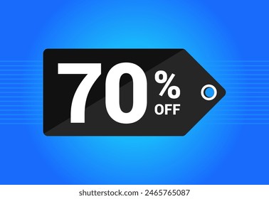 70% de descuento. Etiqueta negra y azul con 70% de descuento. Vector de concepto de compras. Ilustración vectorial.