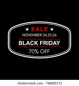 70% off. Black Friday discount banner. Sale tag or stamp. Special offer, flyer, promo design element. Vector illustration.