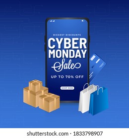 UP TO 70% Off for Cyber Monday Sale Poster Design with Smartphone, Payment Card, Realistic Shopping Bags and Gift Boxes.