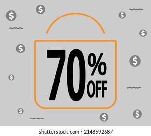 70% off. Dark banner for stores and promotions. Shopping bag