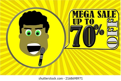70% off. Discount banner for mega big sales, announcer puppet announcing the seventy percent discount offers on yellow balloon, yellow striped screen background.
