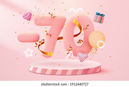 70% Off. Discount creative composition. 3d sale symbol with decorative objects, heart shaped balloons, golden confetti, podium and gift box. Sale banner and poster. Vector illustration.