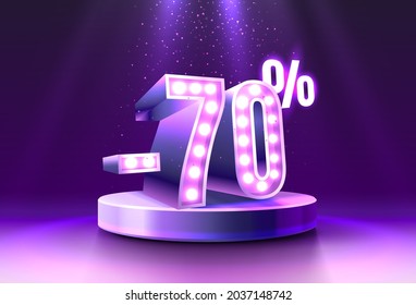 70% Off. Discount creative composition. 3d sale symbol, neon podium gift box. Sale banner and poster. Vector illustration.