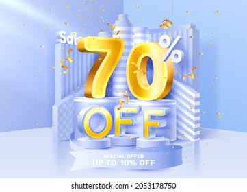 70 Rabatt. Discount Creative Komposition. 3D-Verkaufssymbol mit dekorativen Gegenständen, goldenen Konfetti, Podium und Geschenkbox. Verkaufen Sie Banner und Poster. Vektorgrafik.