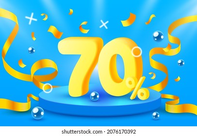 70 Off. Discount creative composition. 3d sale symbol with decorative objects, golden confetti, podium and gift box. Sale banner and poster. Vector illustration.
