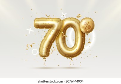 70. Descubre la composición creativa. 3d Símbolo de la venta de oro con objetos decorativos, globos con forma de corazón, confeti dorado, podio y caja de regalo. Cartel y afiche de venta. Ilustración vectorial.