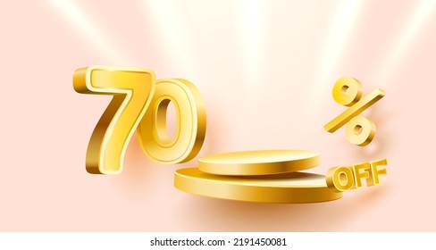 70 Off. Discount creative composition. 3d sale symbol with decorative objects, golden confetti, podium and gift box. Sale banner and poster. Vector illustration.