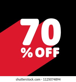 70% OFF discount. Discount Offer Price Illustration. White Text with Red Shadow Below. Black Background. Retro Style.
