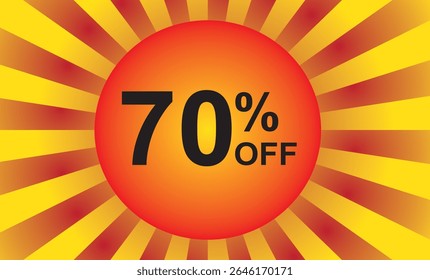 Desconto de 70%. Desconto no seu preço. Número em cor preta e plano de fundo composto por um elemento gráfico que representa um sol com raios em vermelho e amarelo.eps