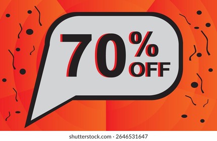 Desconto de 70%. Desconto no seu preço. Número preto com contorno laranja dentro de um balão branco e fundo laranja composto de elementos gráficos pretos.eps