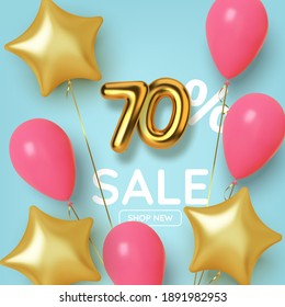 70 off discount promotion sale made of realistic 3d gold number with balloons and stars. Number in the form of golden balloons.  Vector illustration