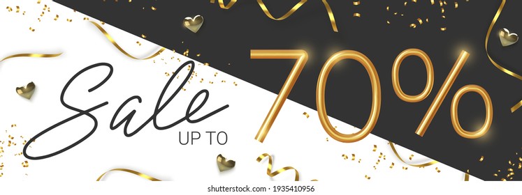 70 off discount promotion sale made of realistic 3d gold number with sepantine and tinsel. Vector illustration